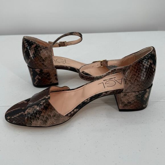 NEW AGL Women's Embossed Brown Snake Print Leather Block Heel Sandals Size 37.5 - Picture 4 of 11